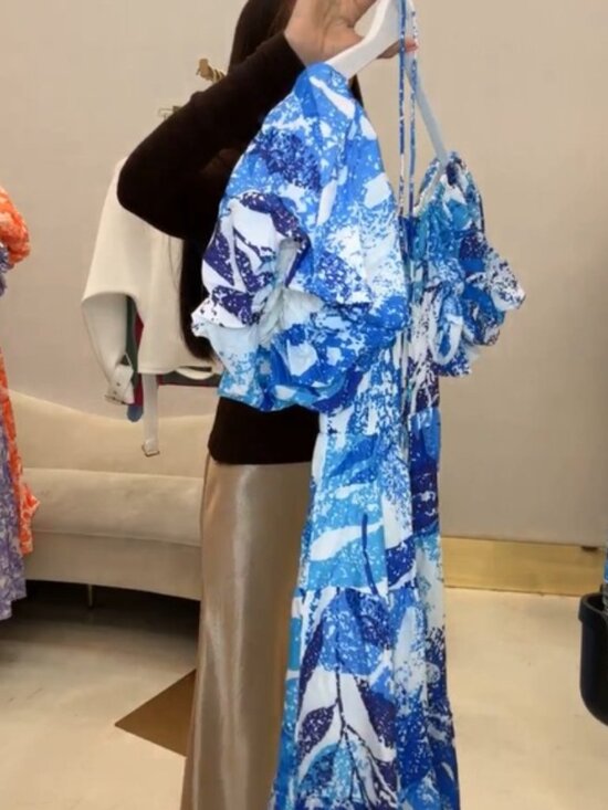 Cobalt Blue Floral On or Off-Shoulder Maxi Dress - Picture 2 of 7